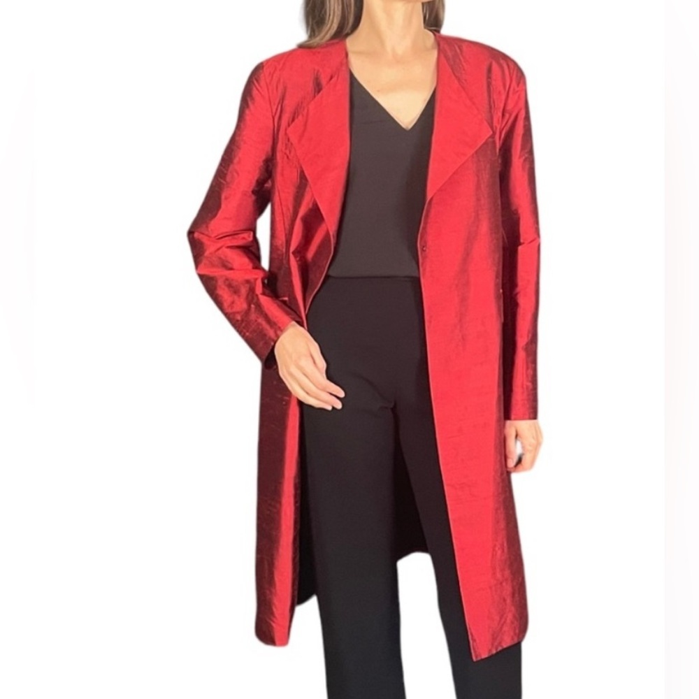 LAFAYETTE 148 RED 100% RAW SILK OPEN FRONT LONG BLAZER size 2 petite vintage